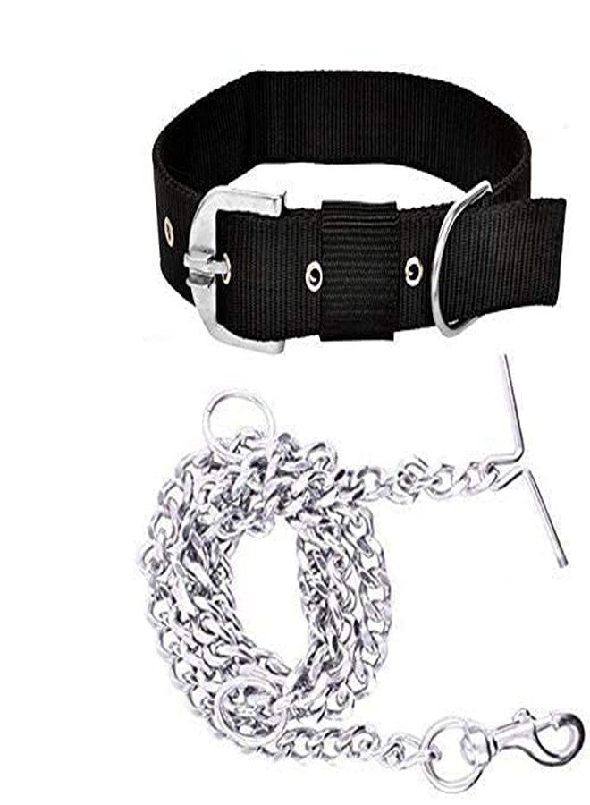 Pups&Pets Dog Belt Combo of 1 inch Nylon Collar with Heavy Dog Chain 63 Inch Lengthy Dog Collar Chain (Black) - Image 1